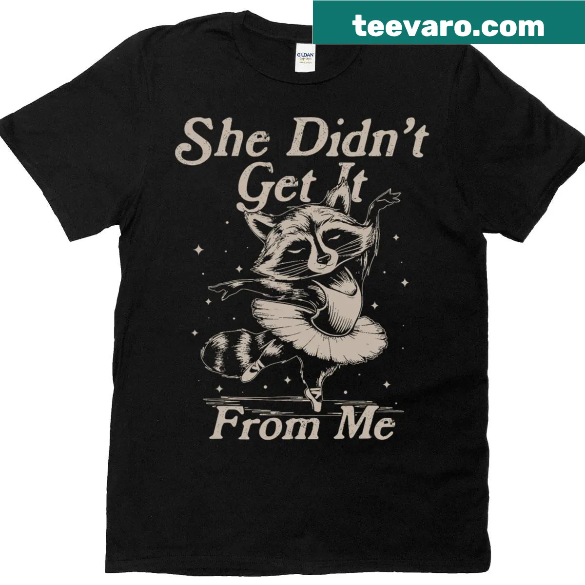 Raccoon meme T-shirt with 'She Didn't Get It From Me' text — on a men's t-shirt