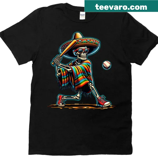 Skeleton in sombrero playing baseball for Cinco de Mayo