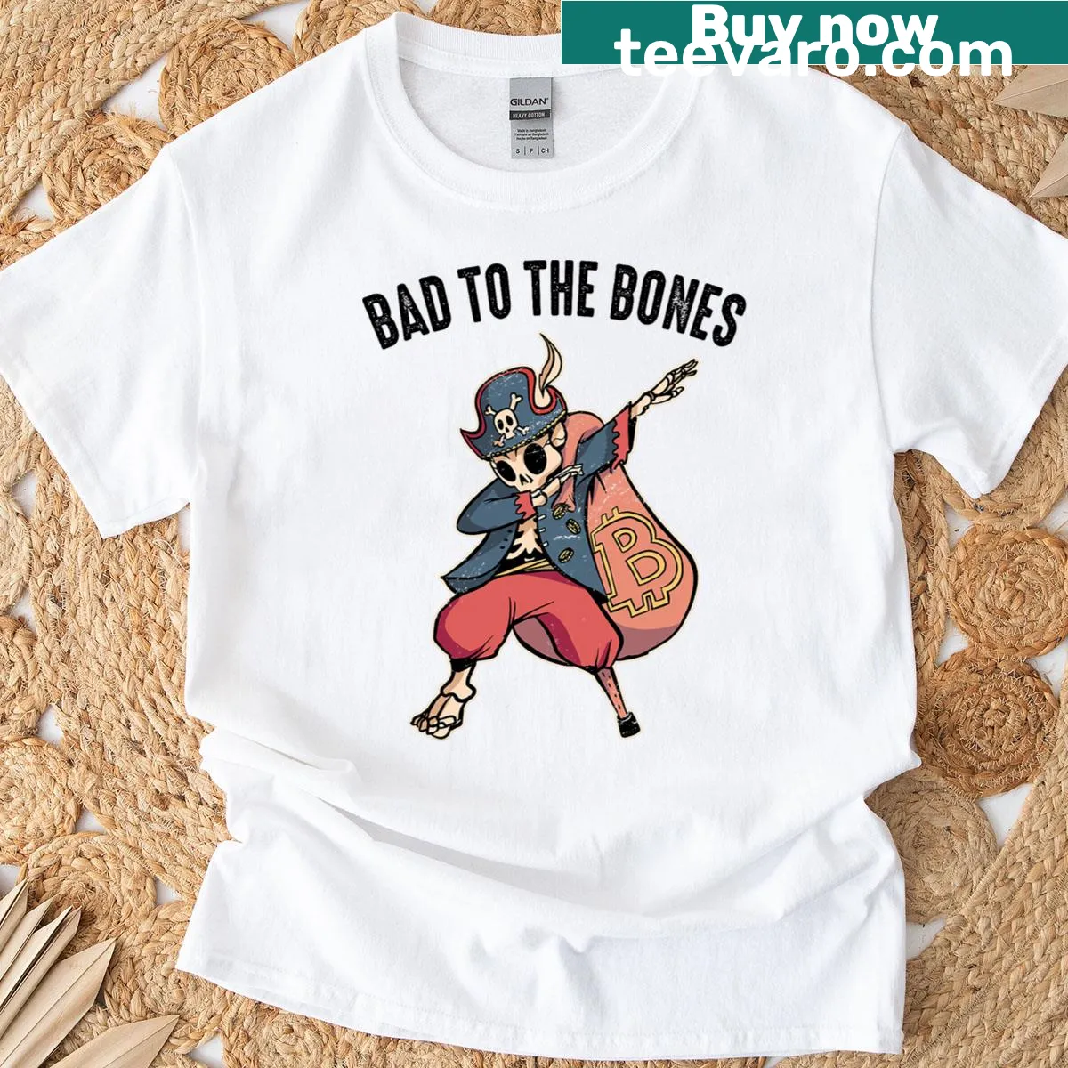 Skull and skeleton graphic t-shirt with 'Bad To The Bones' text — on a men's t-shirt