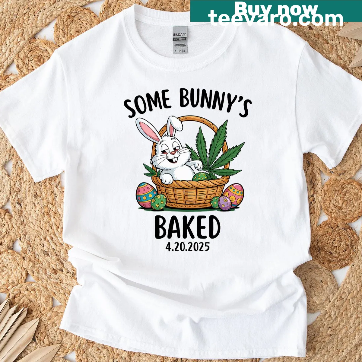 Cute Easter T-shirt featuring a cartoon bunny with humorous design — on a men's t-shirt