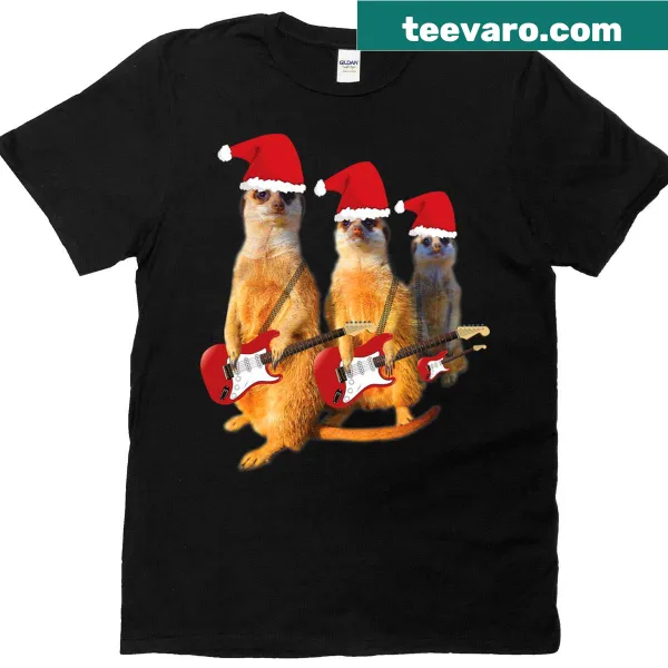 Festive T-shirt featuring meerkats with guitars for Christmas cheer