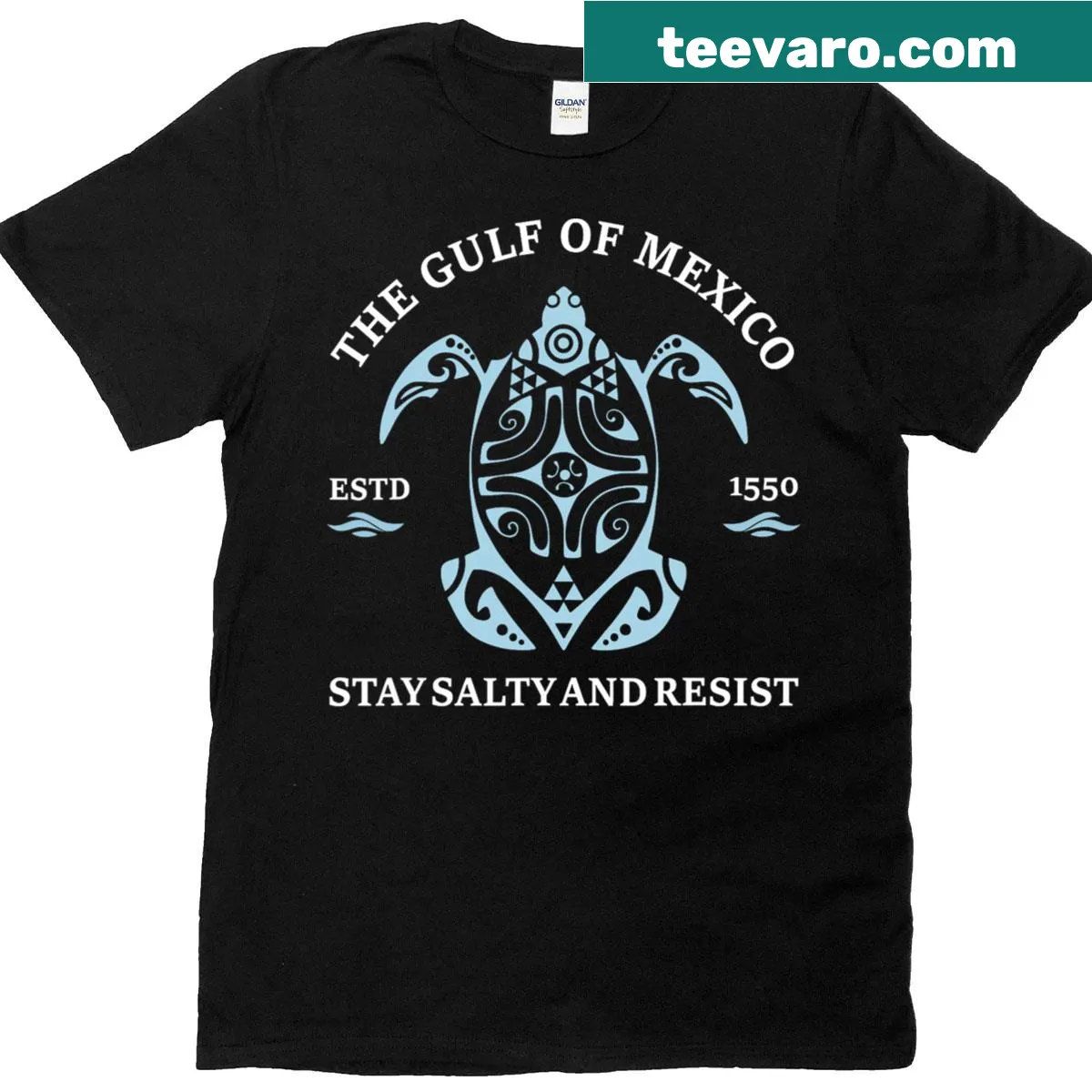 Text design promoting Gulf of Mexico conservation with turtle imagery — on a men's t-shirt