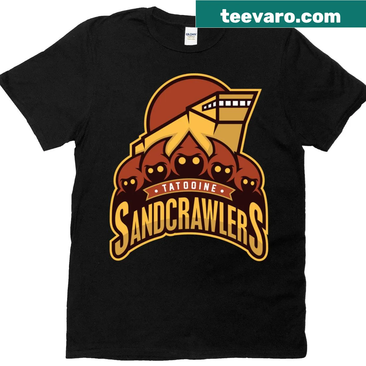 Classic Tatooine Sandcrawlers t-shirt with illustrated design — on a men's t-shirt