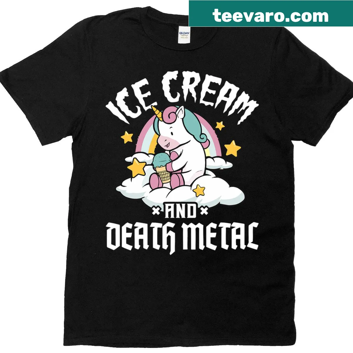 Illustrated unicorn with heavy metal and ice cream theme — on a men's t-shirt