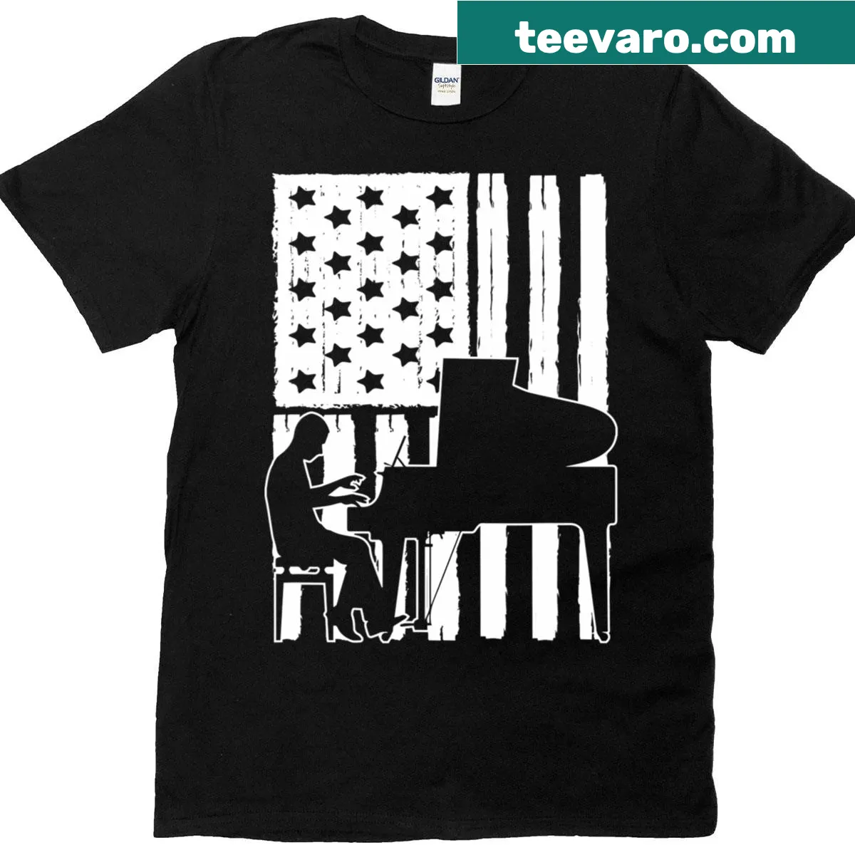 American flag and music-themed graphic on pianist t-shirt — on a men's t-shirt