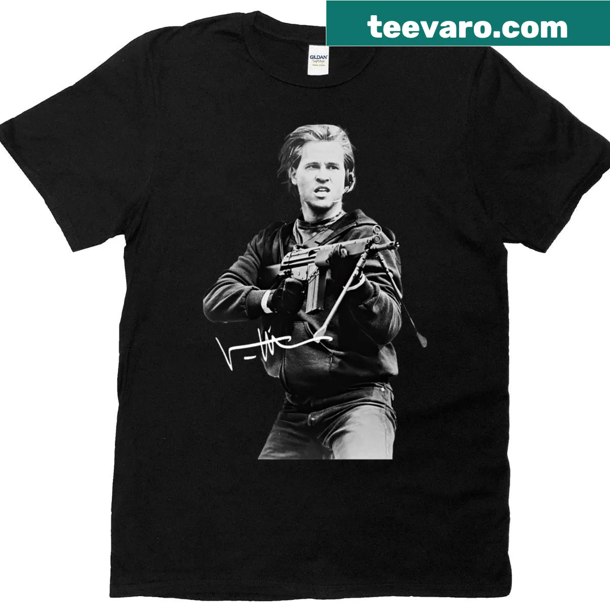 Val illustrated with a gun in a dynamic pose — on a men's t-shirt