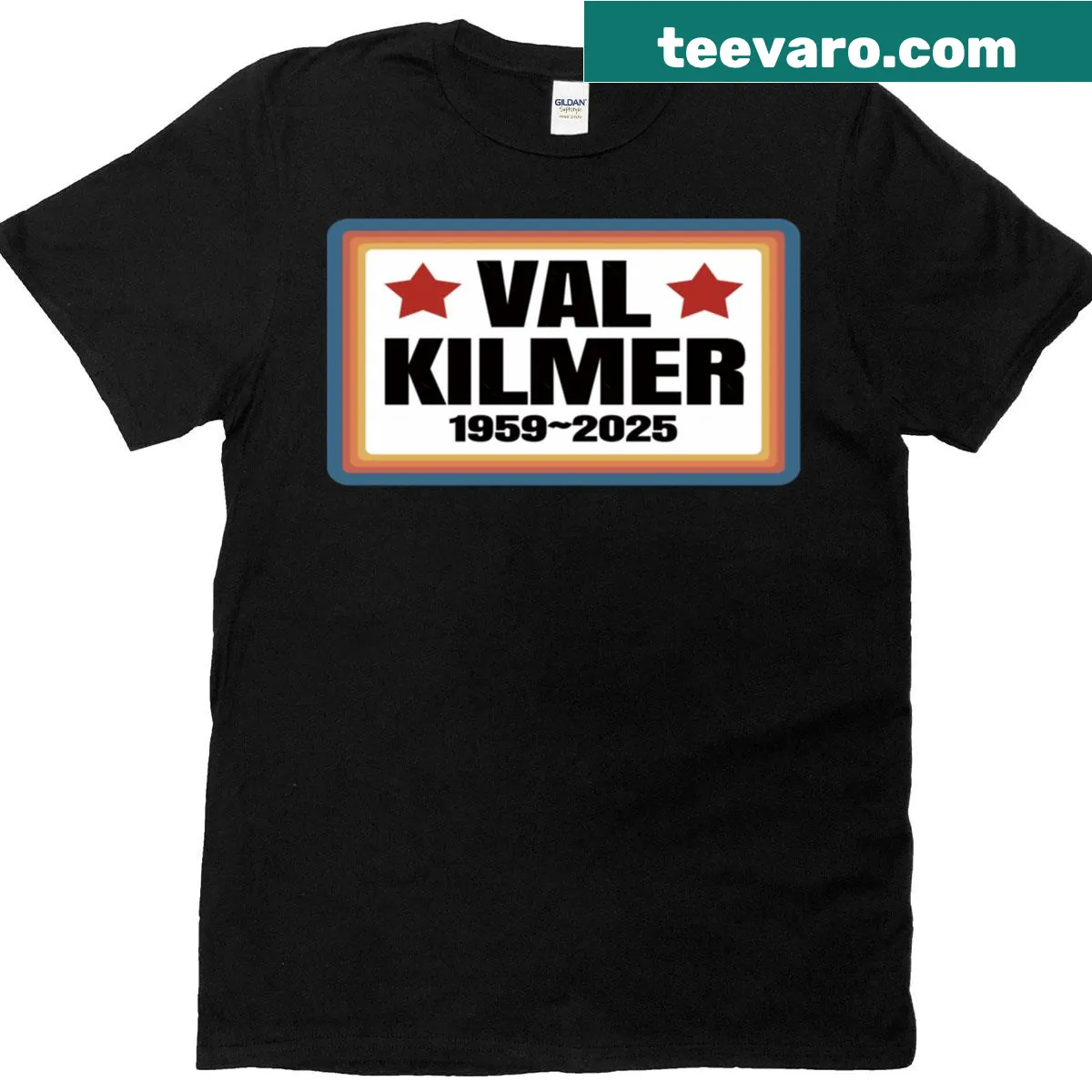 Vintage-inspired graphic tribute to Val Kilmer on a t-shirt. — on a men's t-shirt