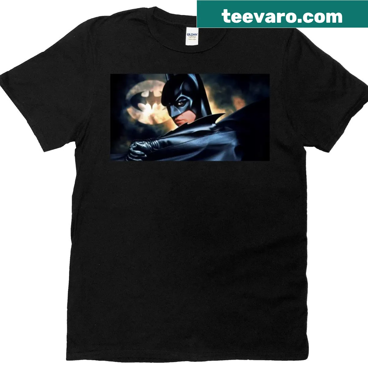 Classic T-shirt featuring Val Kilmer as Batman with iconic logo — on a men's t-shirt