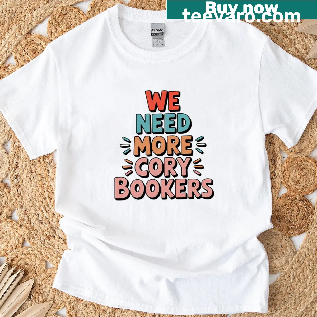 Retro T-shirt with the phrase We Need More Cory Bookers in groovy font — on a men's t-shirt