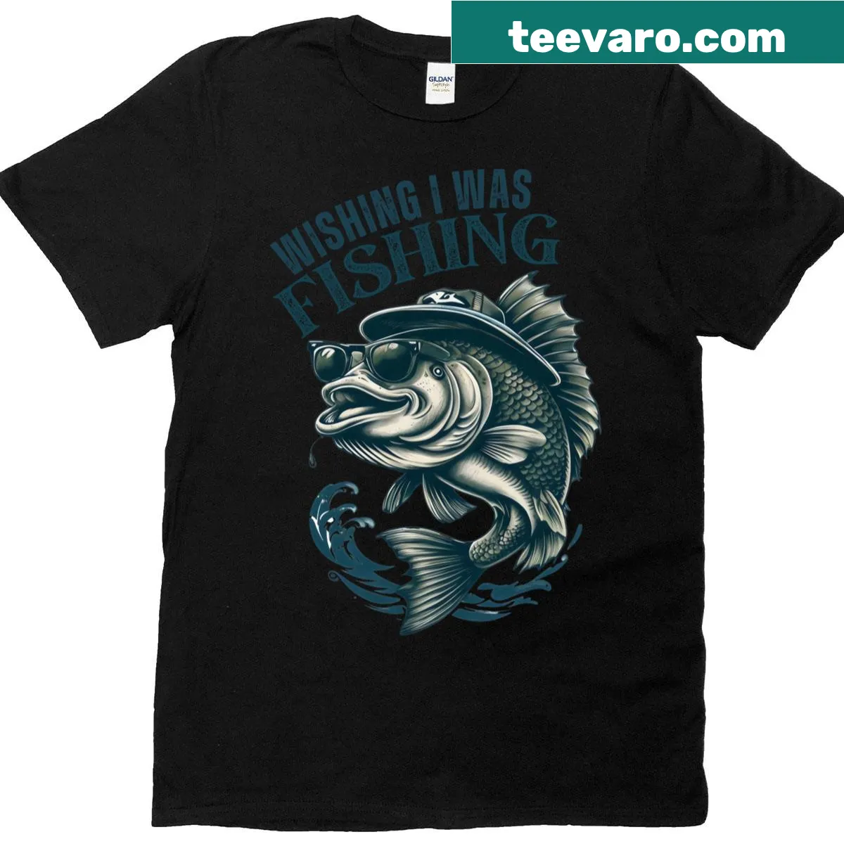 Illustrative fishing-themed shirt with a fishing rod and humorous text — on a men's t-shirt
