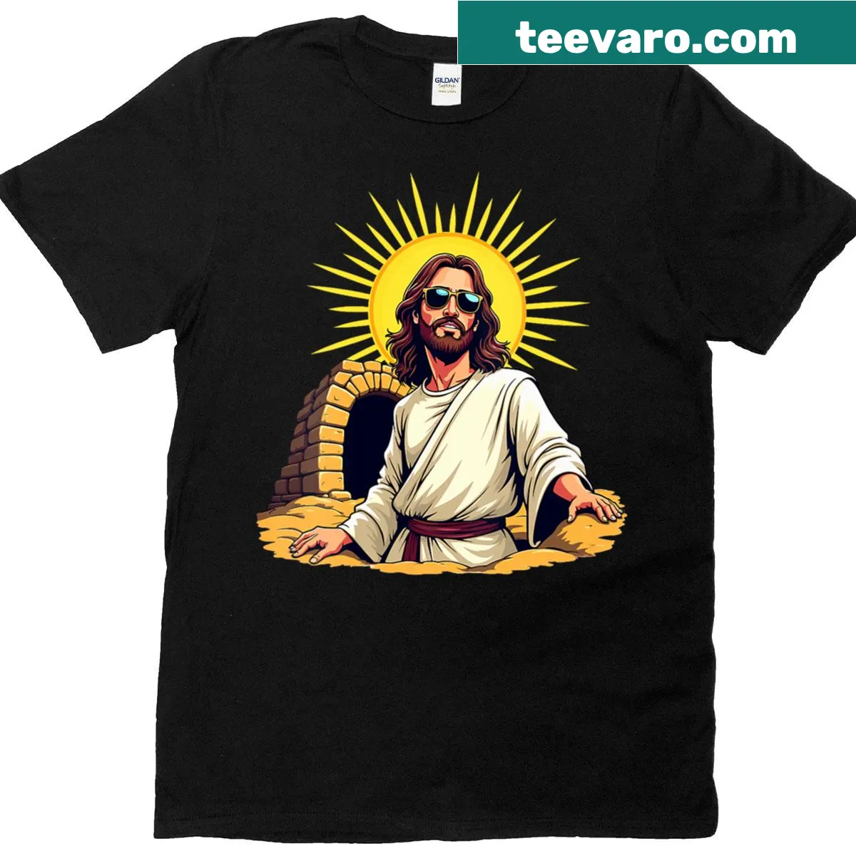 Retro aesthetic Jesus meme graphic on a women's V-neck t-shirt — on a men's t-shirt