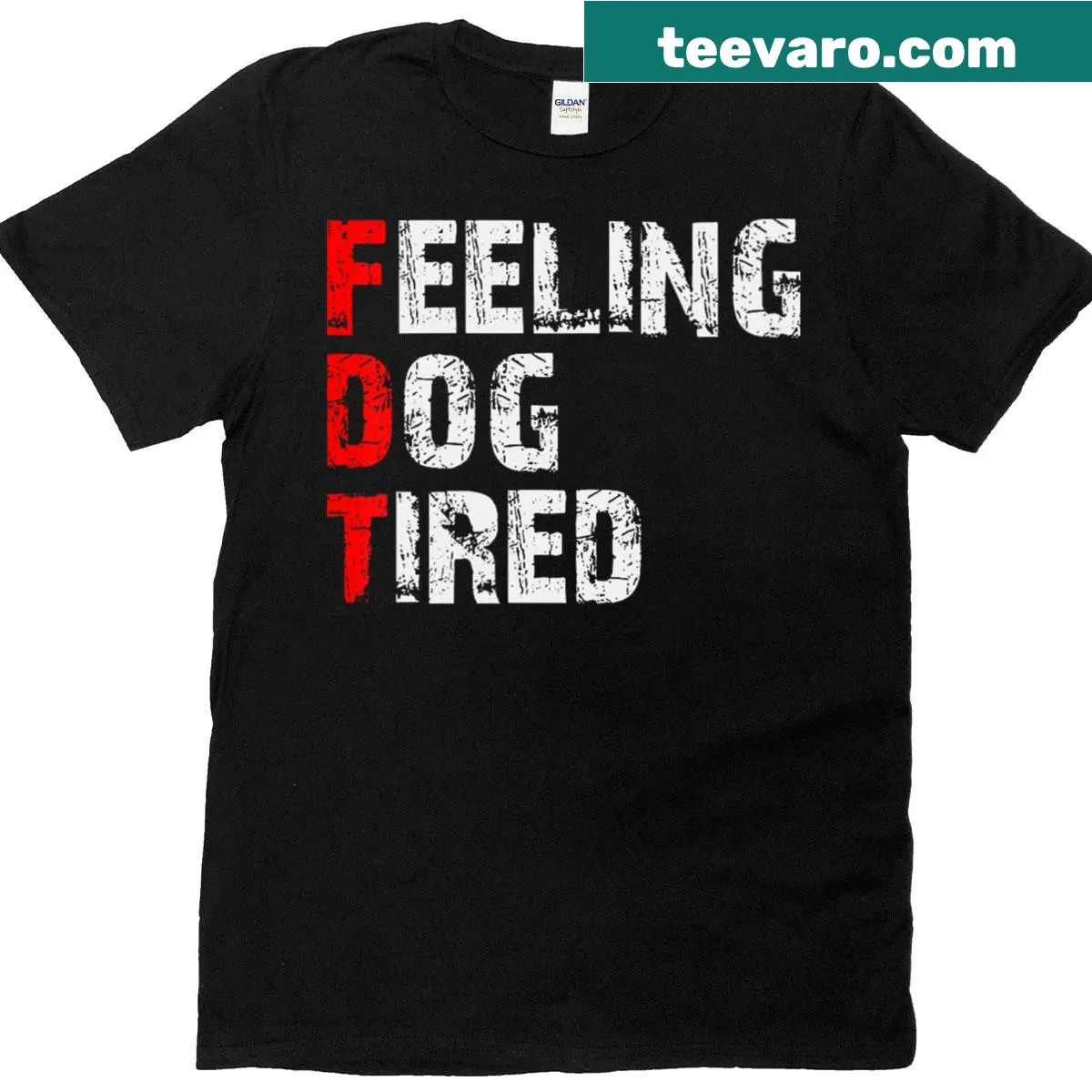 Vintage distressed V-neck T-shirt with humorous dog tired text — on a men's t-shirt