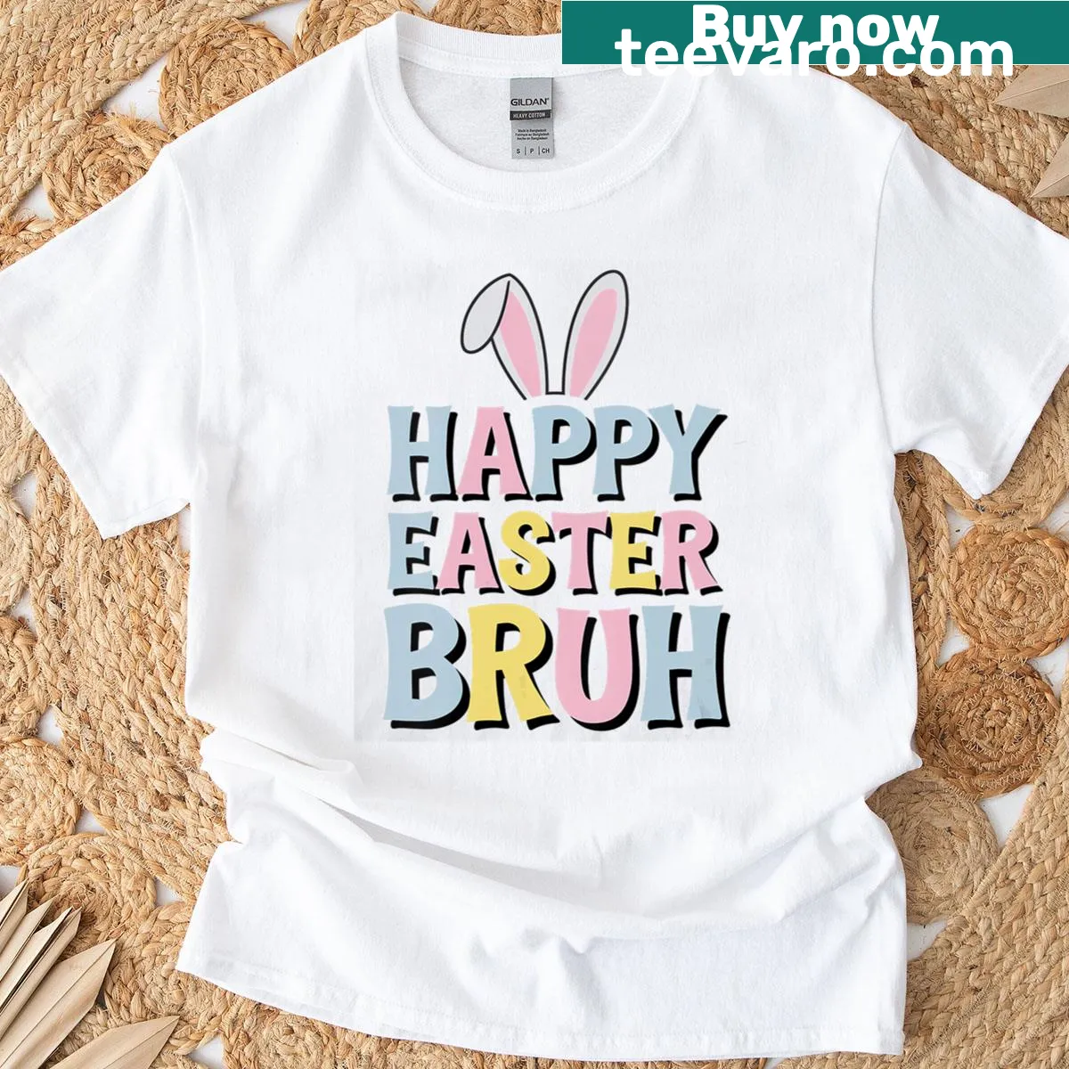 Cartoon rabbit ears and meme graphic on a kids V-neck Easter T-shirt — on a men's t-shirt