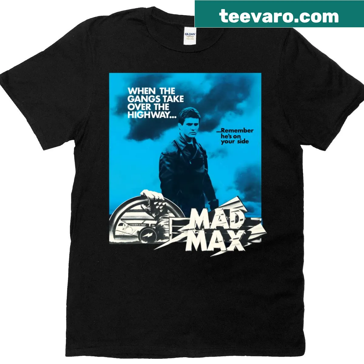 Vintage-style T-shirt featuring the Mad Max movie poster design. — on a men's t-shirt