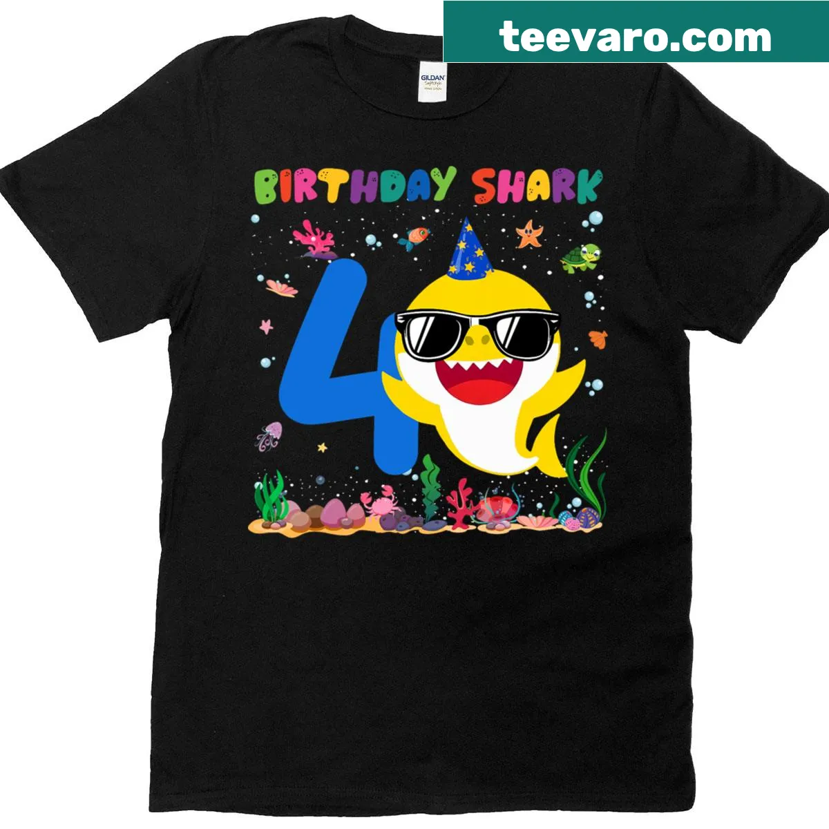Cute shark illustration for a toddler's 4th birthday shirt — on a men's t-shirt