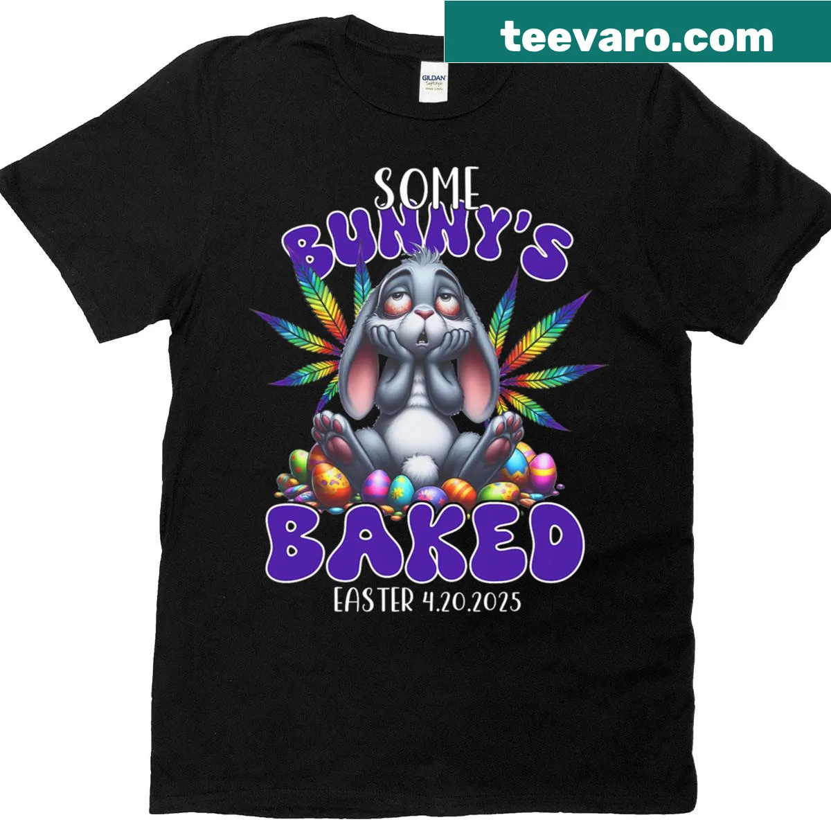 Funny Easter Bunny T-shirt with a cannabis-themed graphic — on a men's t-shirt