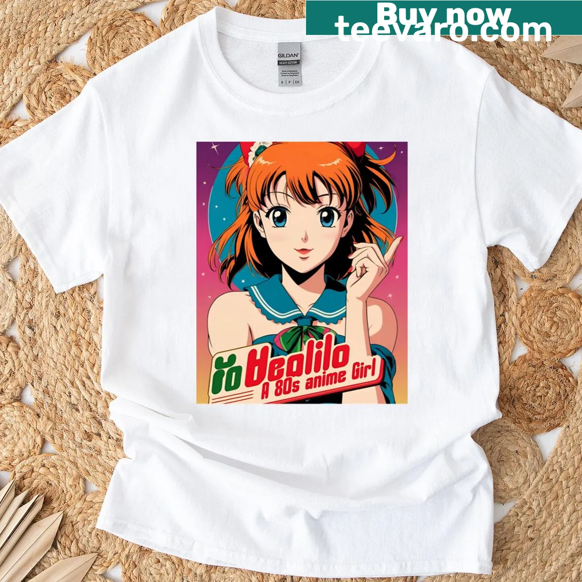 Retro-themed T-shirt featuring an 80s anime girl in adventure mode — on a men's t-shirt