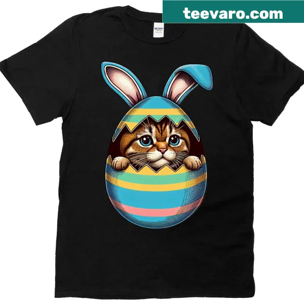 Cute T-shirt with a cat hiding inside an Easter egg and bunny ears