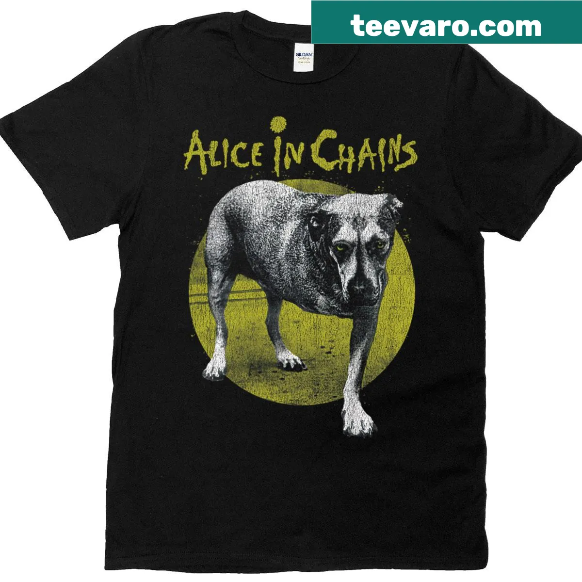 Illustration of a dog with Alice In Chains theme on a t-shirt — on a men's t-shirt
