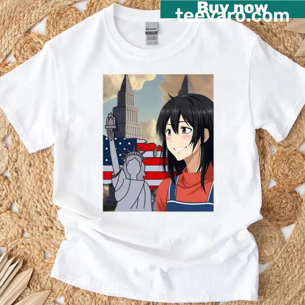 Anime girl graphic T-shirt featuring the US flag