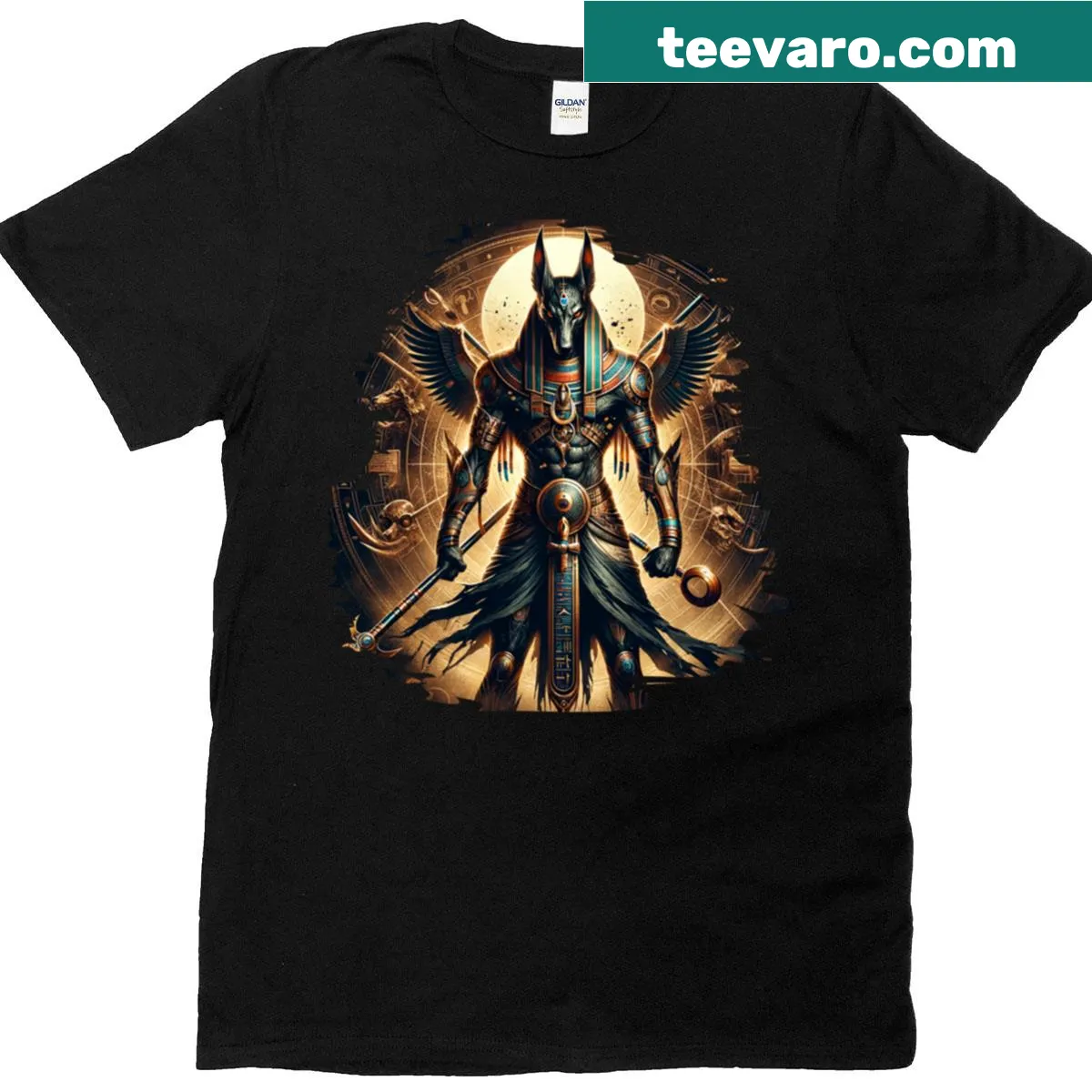 Silhouette of Anubis on an ancient Egypt themed t-shirt — on a men's t-shirt