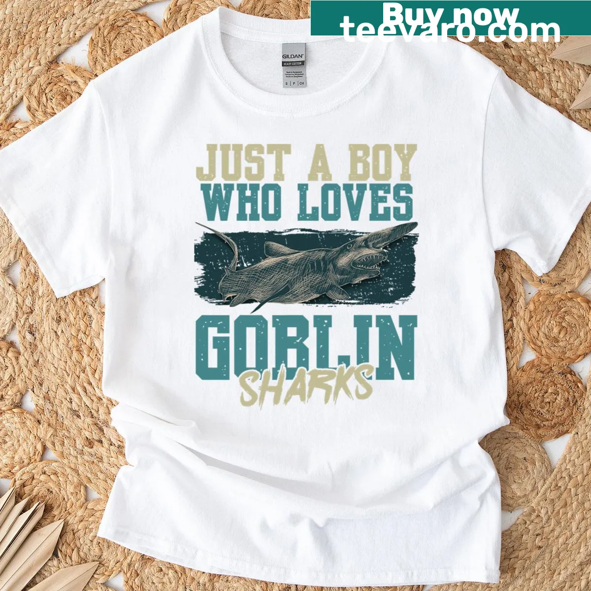 Bold graphic T-shirt featuring a great white shark illustration — on a men's t-shirt