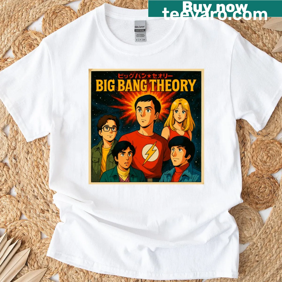 Vintage-style Big Bang Theory anime poster T-shirt — on a men's t-shirt