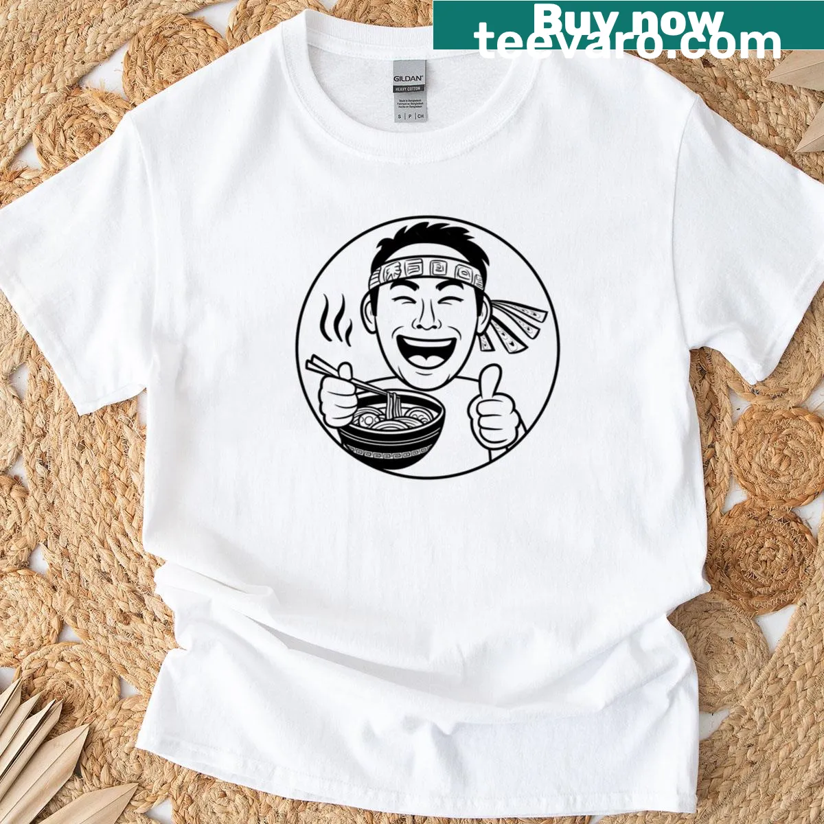 Cartoon-style T-shirt featuring a smiling bowl of ramen design. — on a men's t-shirt