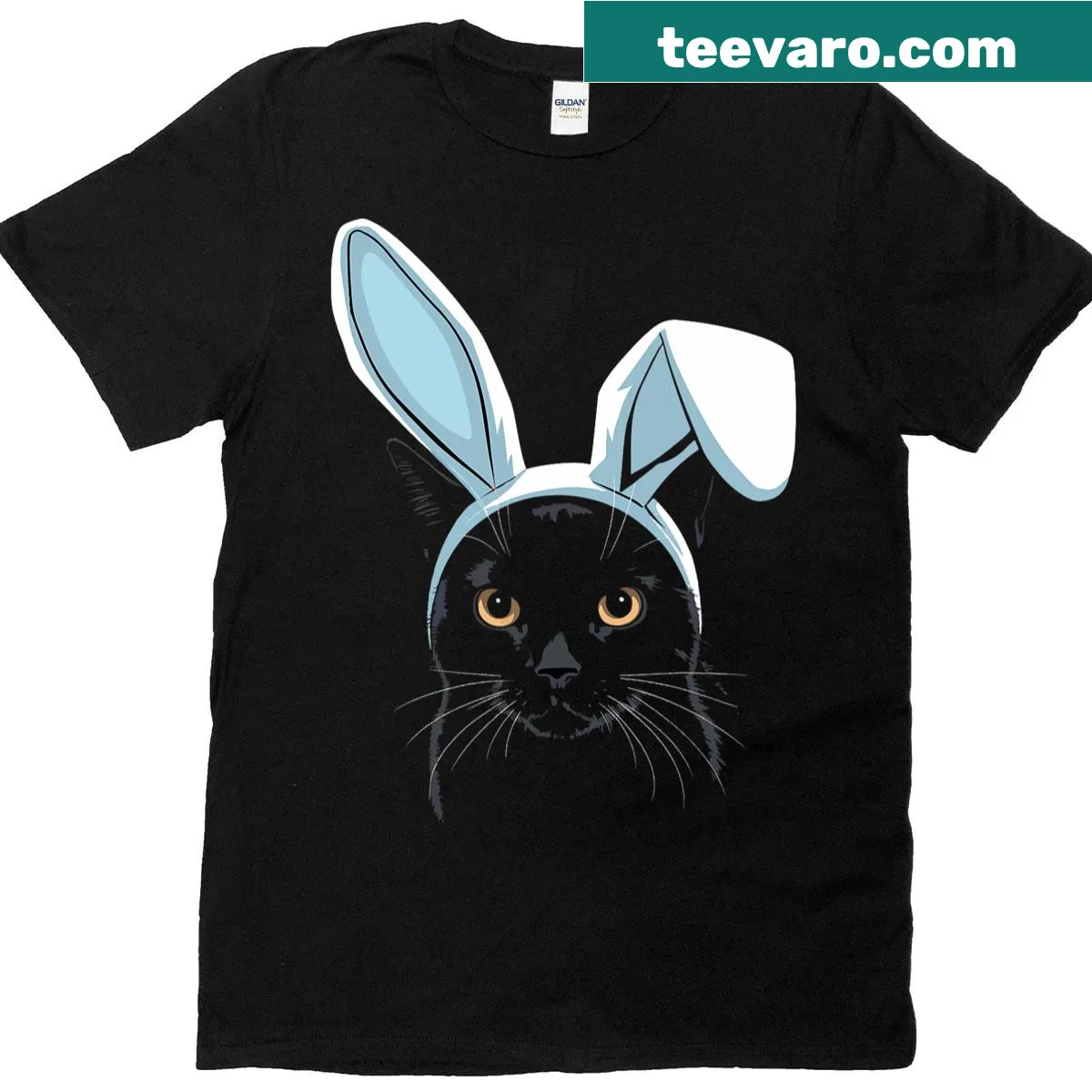 Cute black cat with bunny ears graphic for kids' Easter t-shirt — on a men's t-shirt