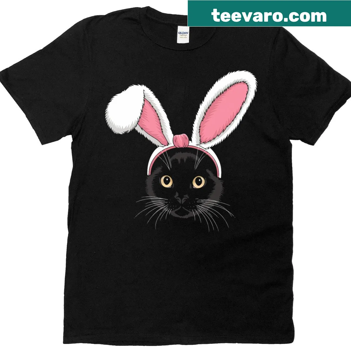 Cute black cat with bunny ears graphic for girls' Easter t-shirt — on a men's t-shirt