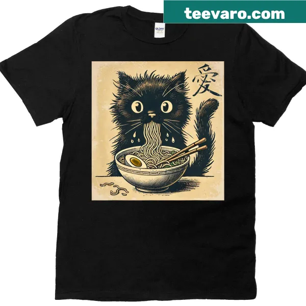 Kawaii black cat with yellow eyes and earrings on T-shirt