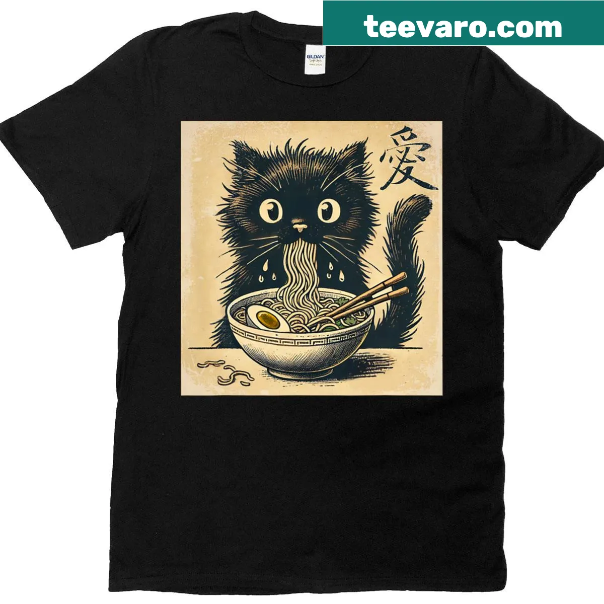 Kawaii black cat with yellow eyes and earrings on T-shirt — on a men's t-shirt