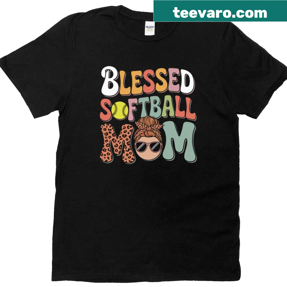 Retro leopard print Softball Mom graphic t-shirt — on a men's t-shirt