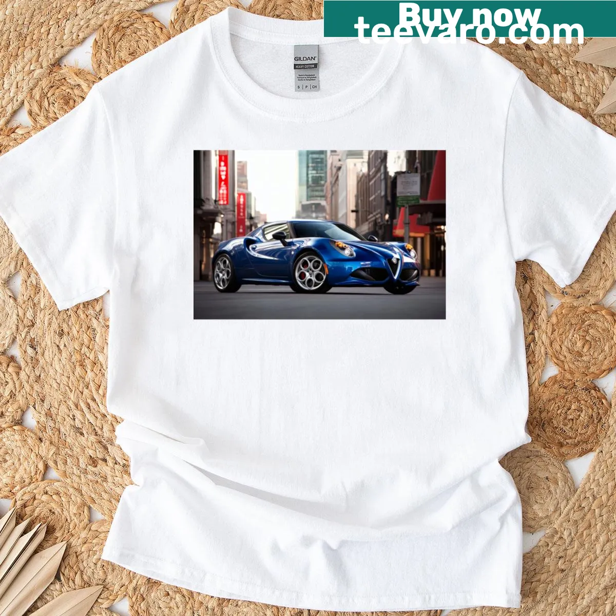 Minimalist illustration of a blue Alfa Romeo 4c Coupe on a T-shirt — on a men's t-shirt