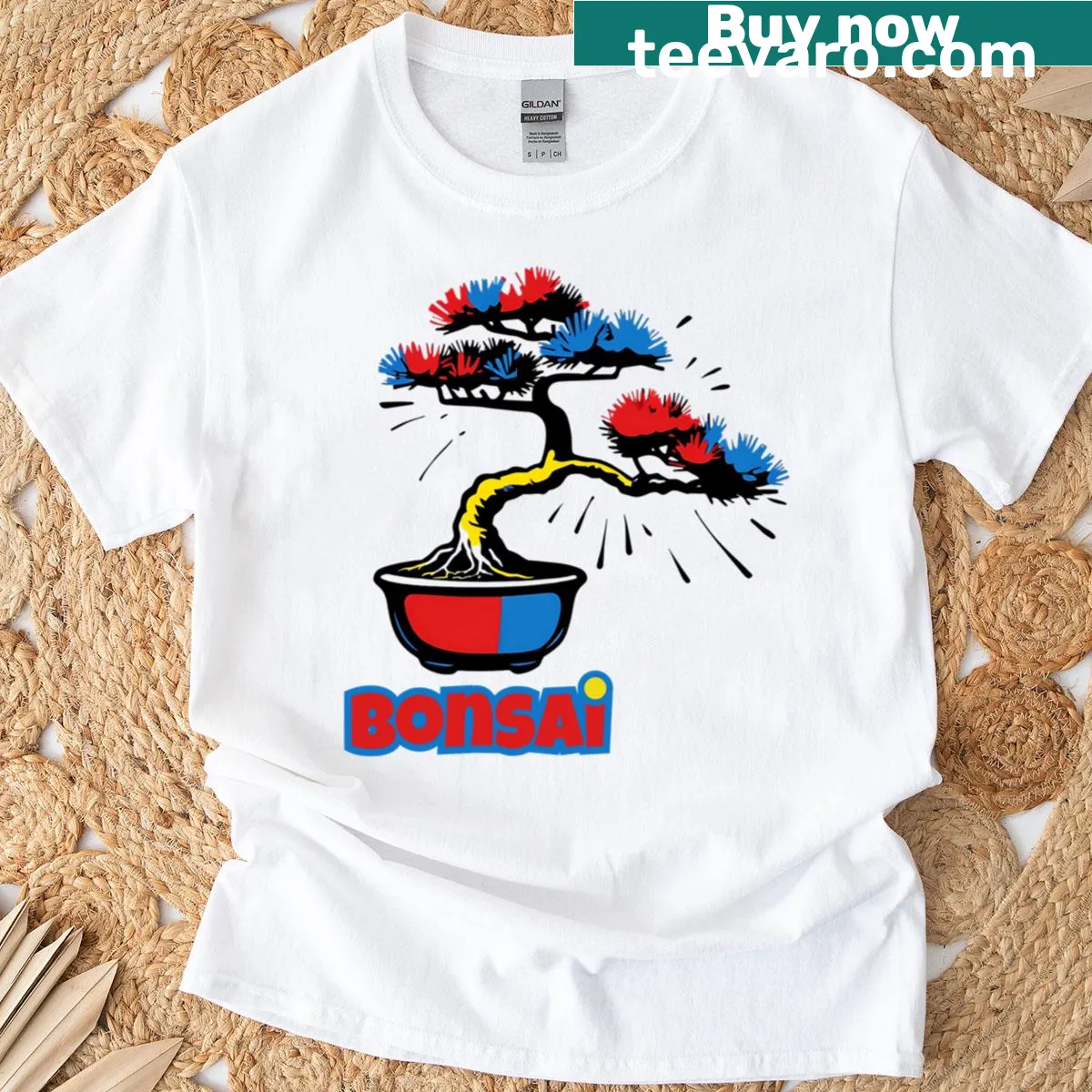 Pop art bonsai tree design t-shirt — on a men's t-shirt