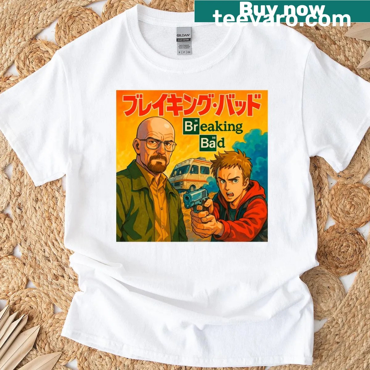 Breaking Bad inspired T-shirt with 1980s anime poster design — on a men's t-shirt