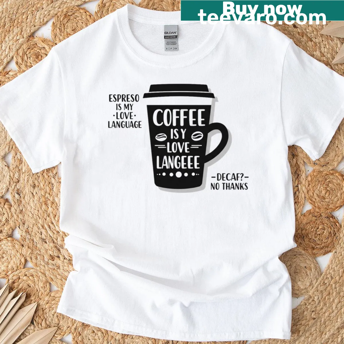 Quote t-shirt featuring 'But First Coffee' in playful typography — on a men's t-shirt