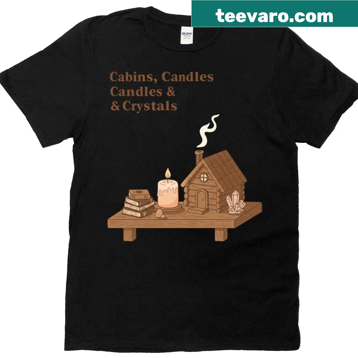 Classic t-shirt featuring rustic themes of cabins and crystals — on a men's t-shirt