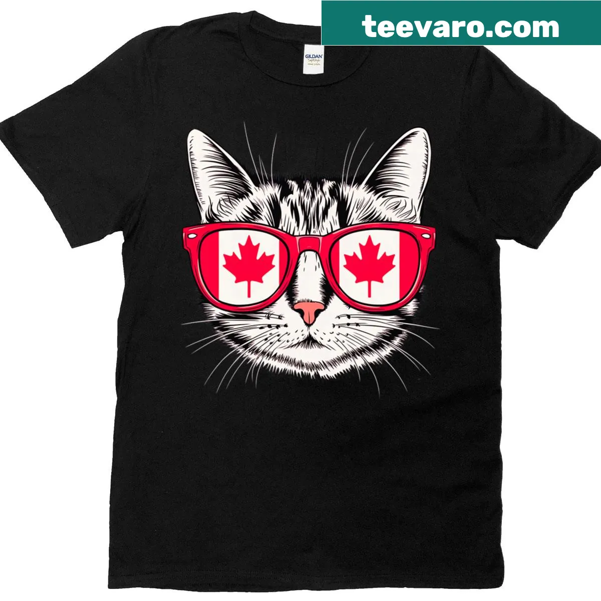 T-shirt featuring a cat in sunglasses with the Canada flag and maple leaf — on a men's t-shirt