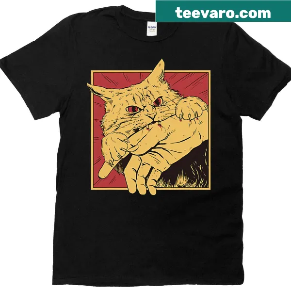 Cartoon cat graphic ready to pounce on anime-themed t-shirt