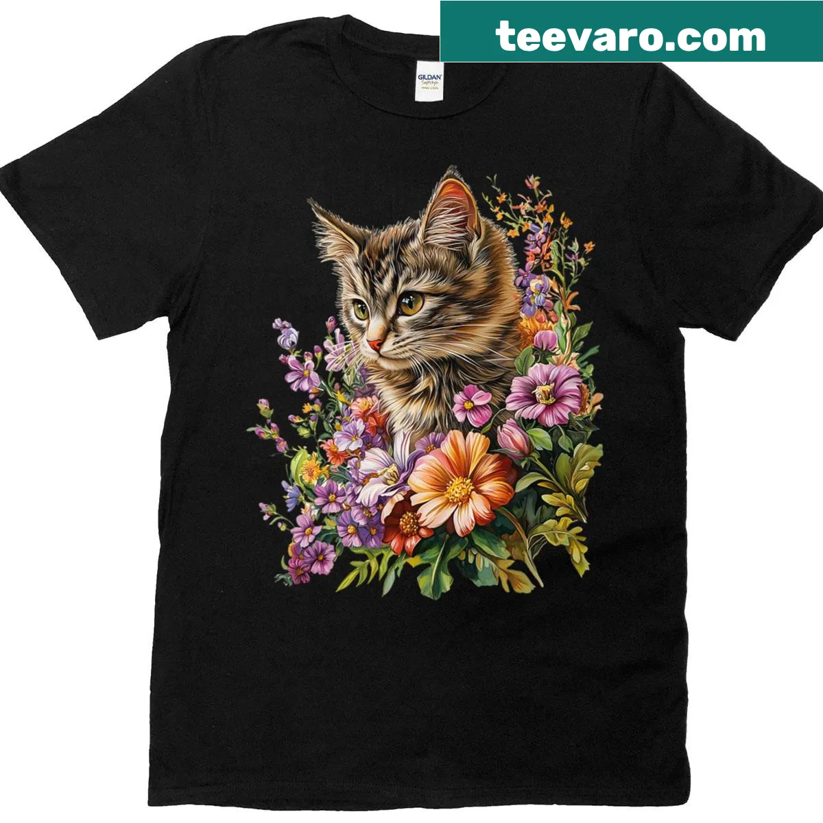 Cute T-shirt featuring a kitten surrounded by flowers — on a men's t-shirt