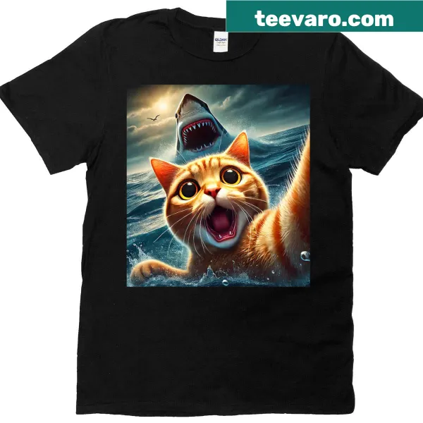 Funny cat taking a selfie with a shark illustration