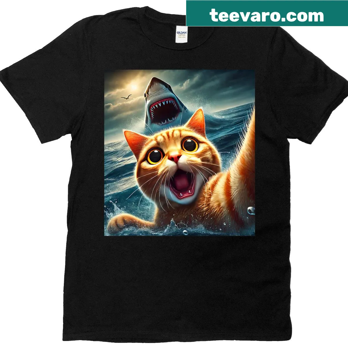 Funny cat taking a selfie with a shark illustration — on a men's t-shirt