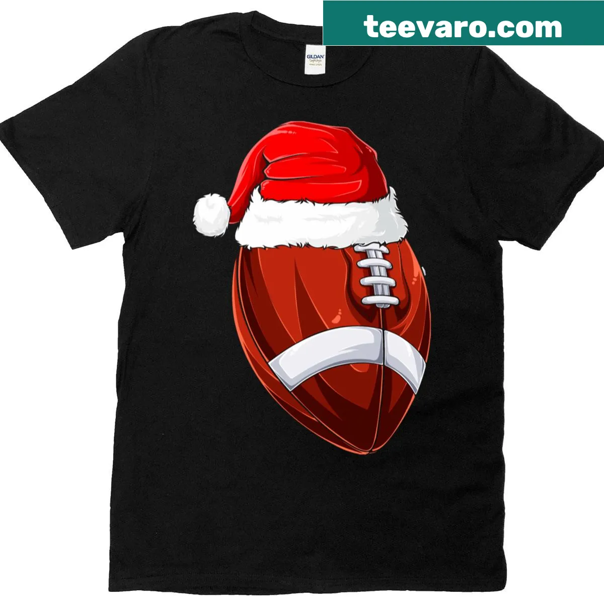 Playful Santa football graphic t-shirt for Christmas — on a men's t-shirt