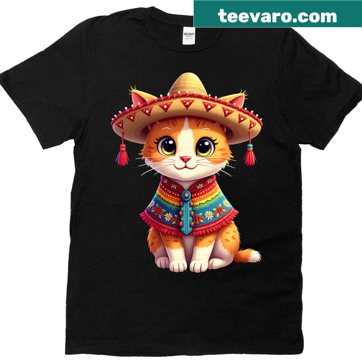 Cute Mexican cat wearing a sombrero and poncho for Cinco De Mayo — on a men's t-shirt
