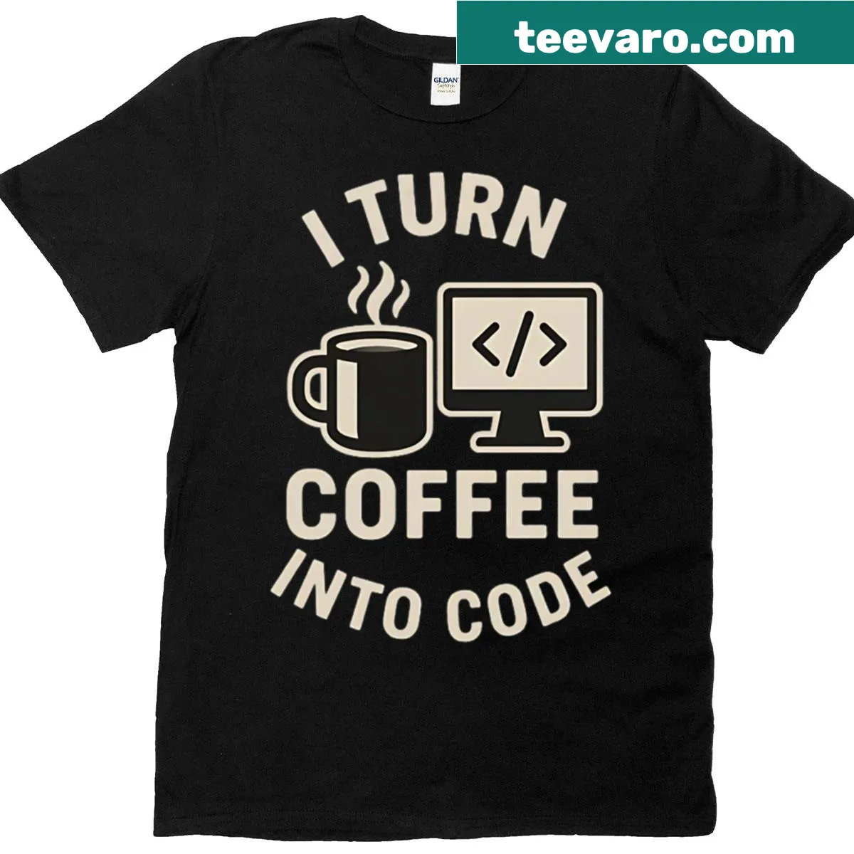 Code and Coffee humorous graphic t-shirt for developers — on a men's t-shirt