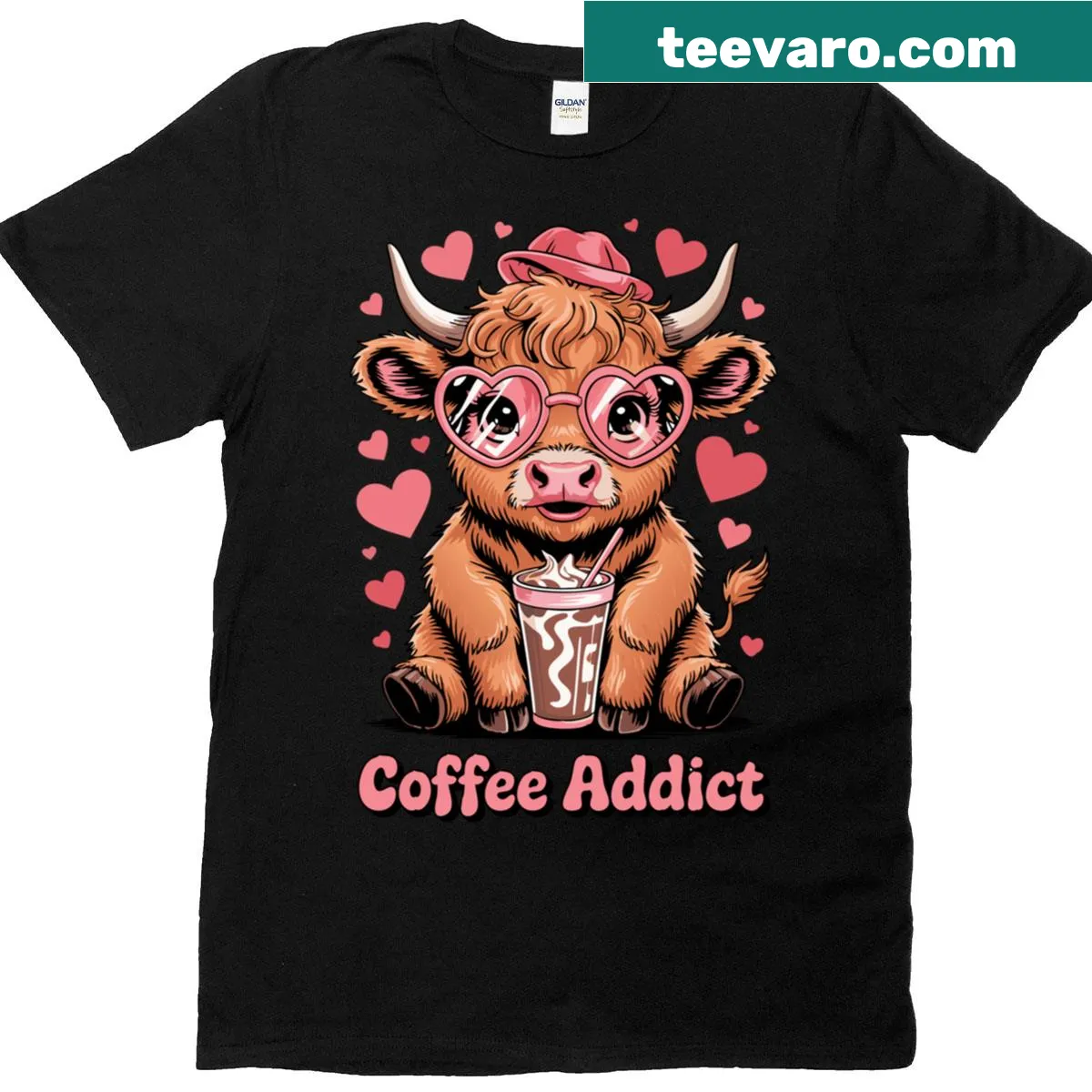 Cute Highland cow with a coffee theme graphic T-shirt — on a men's t-shirt