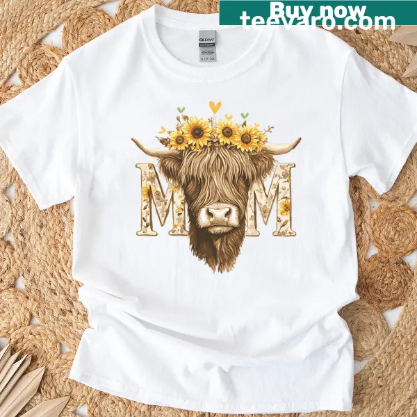 Cute highland cow with sunflowers on a T-shirt for moms