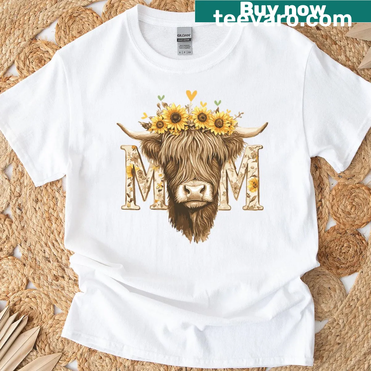 Cute highland cow with sunflowers on a T-shirt for moms — on a men's t-shirt