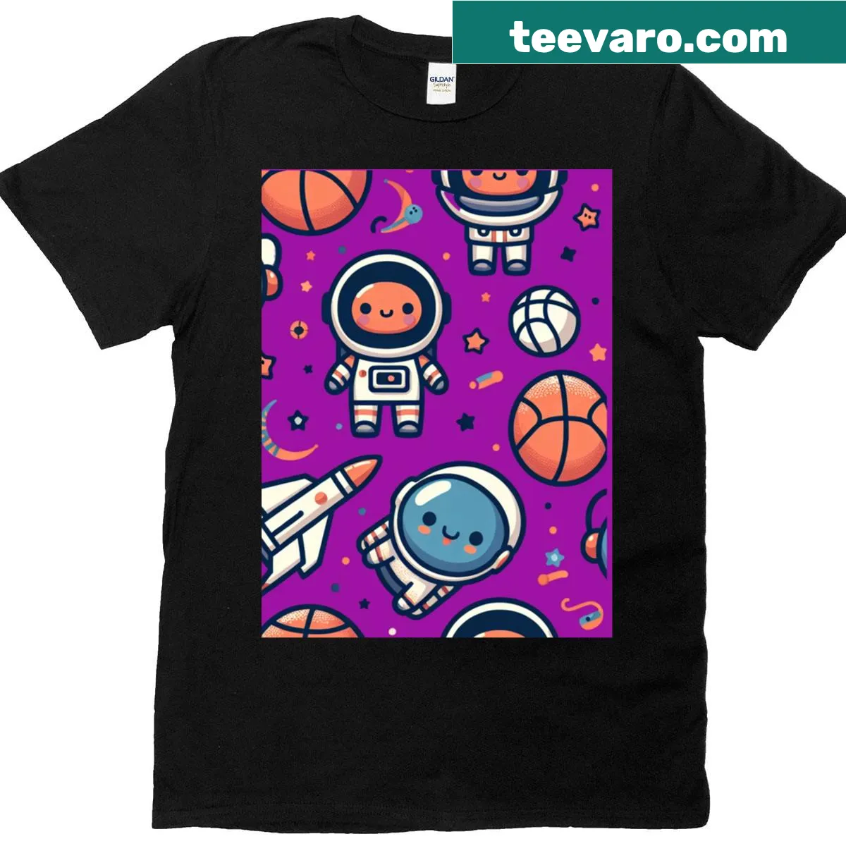 Graphic design combining basketball with space elements — on a men's t-shirt